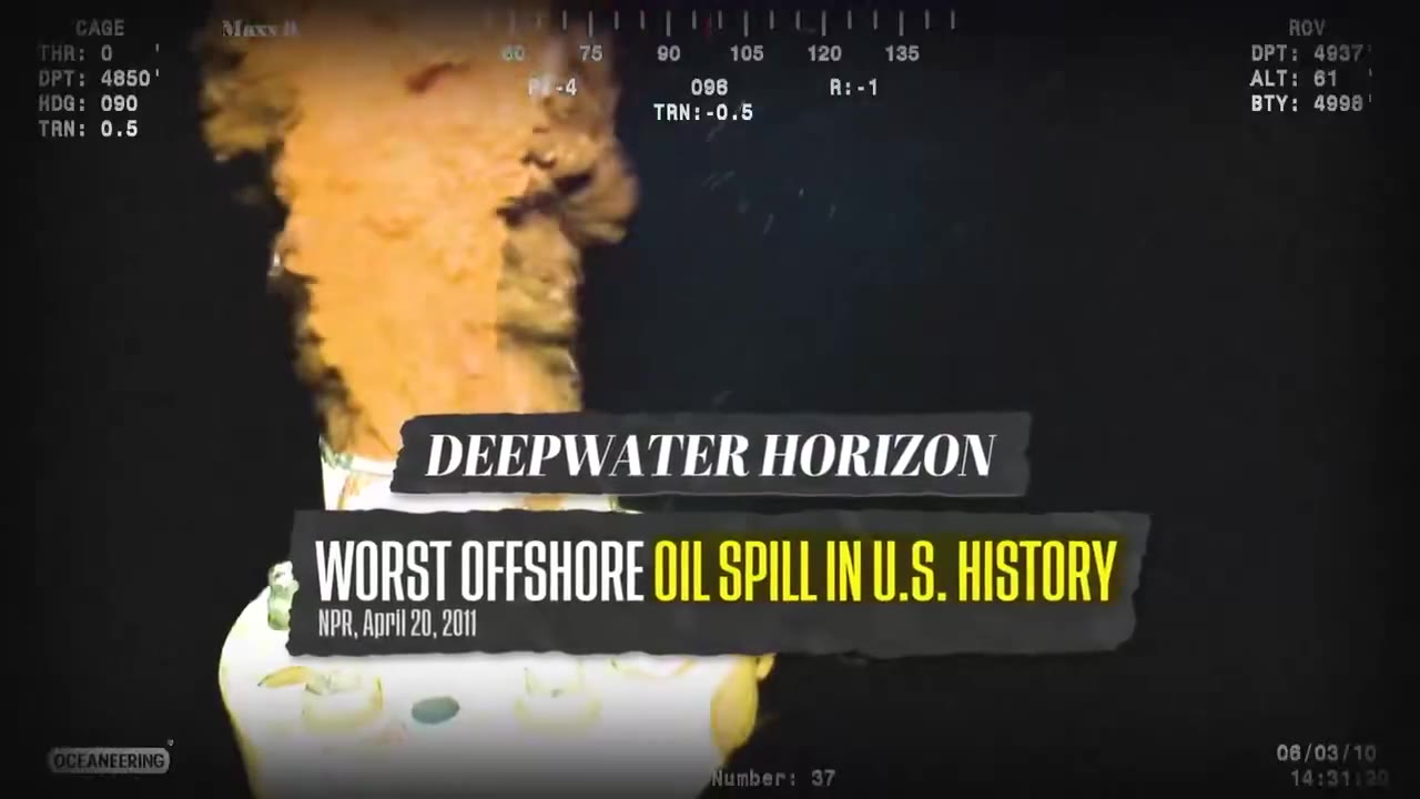 Frame from the ad at 0:06: Oil rig explosion. Deepwater Horizon: worst offshore oil spill in U.S. history (NPR, April 20, 2011).