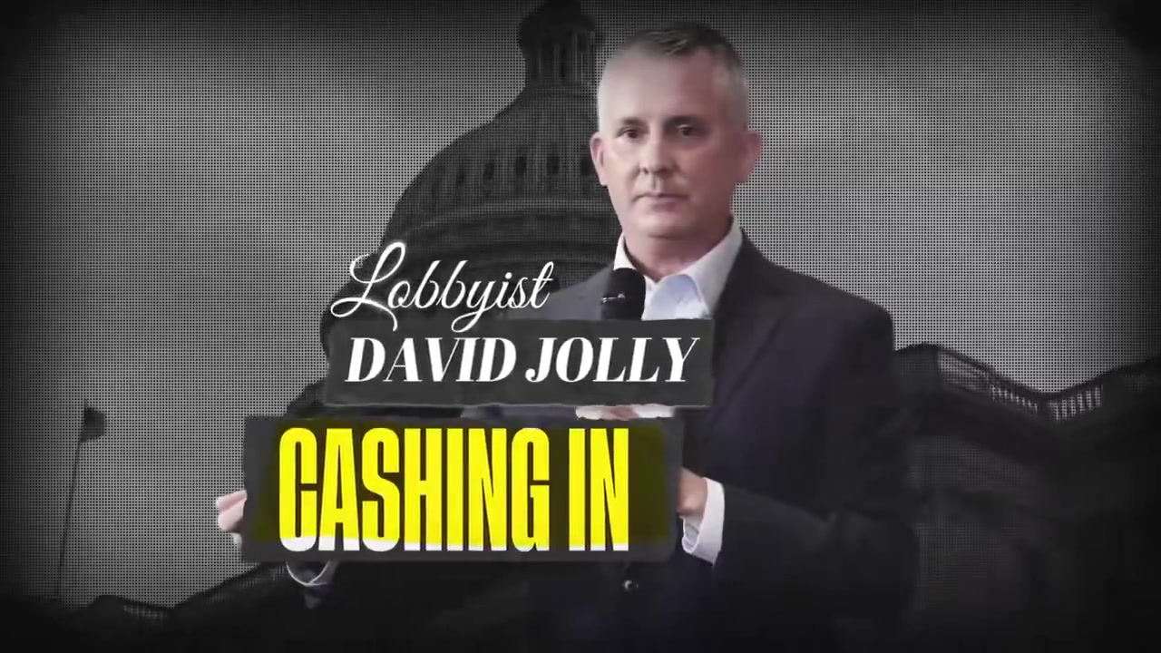 Frame from the ad at 0:12: Lobbyist David Jolly: cashing in.